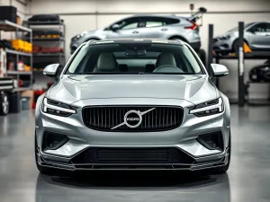 Srebrne Volvo S60 z pakietem nadwozia w garażu: sportowy zderzak, progi i większe alufelgi na pierwszym planie.
