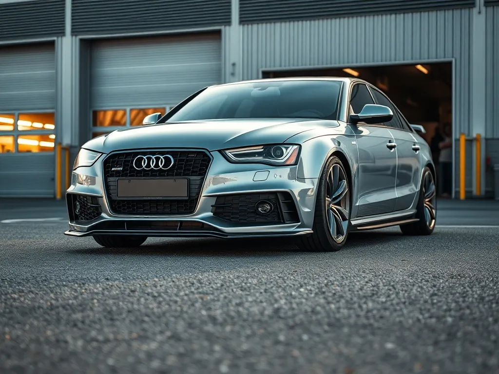 Srebrne Audi A4 B7 z pakietem body kit: sportowy zderzak, progi i subtelny spoiler, zaparkowane przed halą warsztatu tuningowego.