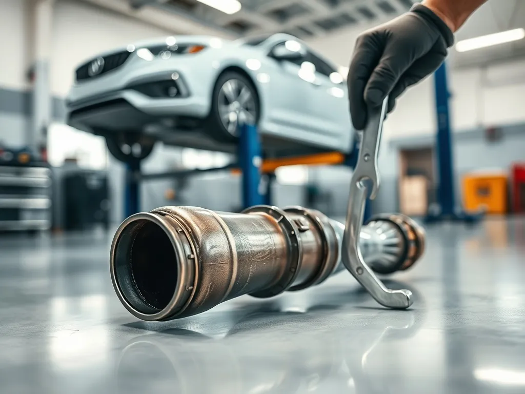 Nowy katalizator obok rury wydechowej auta w warsztacie, mechanik przygotowuje się do montażu zamiennika.