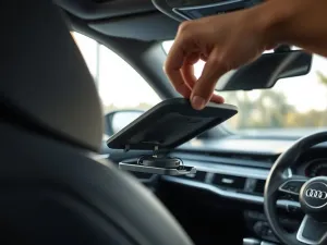 Ręka unosi panel w konsoli środkowej Audi A4 B8, odsłaniając ukryty moduł bluetooth i wiązkę przewodów.