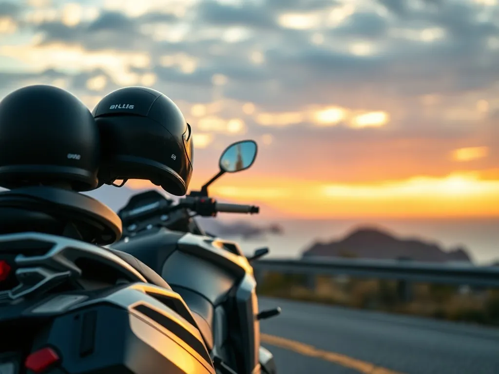 Turystyczny motocykl dla dwóch osób na nadmorskiej drodze o zachodzie słońca, podkreślający komfort wspólnej jazdy.