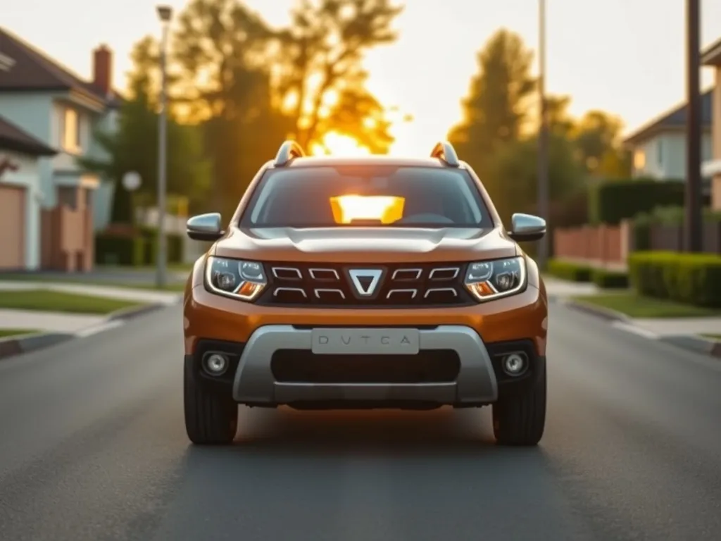 Dacia Duster zaparkowana na spokojnej, zadbanej ulicy na przedmieściach, ukazana z przodu w ciepłym świetle zachodu słońca