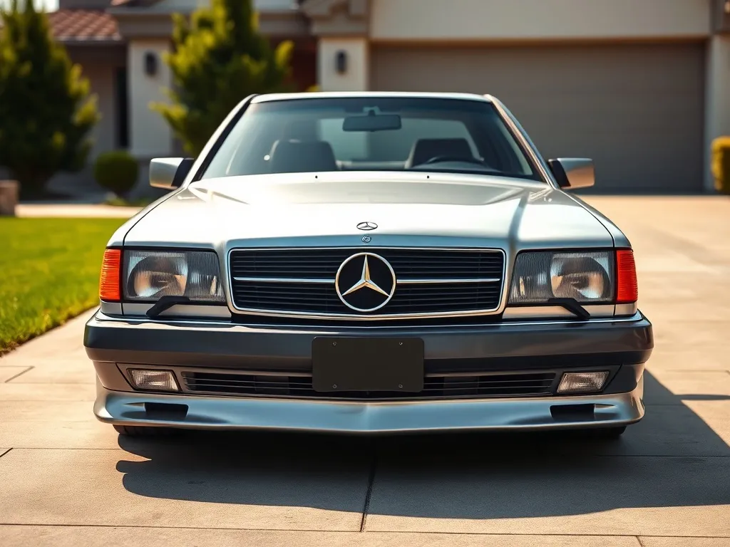 Klasyczny srebrny Mercedes W124 z dyskretnym body kitem i felgami, prezentujący efekt tuningu nadwozia na podjeździe.
