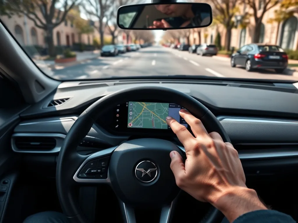 Kierowca obsługuje ekran nawigacji w Renault Clio 4, na wyświetlaczu widoczna kolorowa mapa miasta.