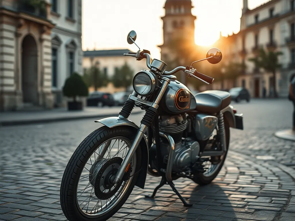 Zabytkowy motocykl zaparkowany na brukowanej ulicy przy historycznym budynku, w ciepłym świetle zachodzącego słońca.