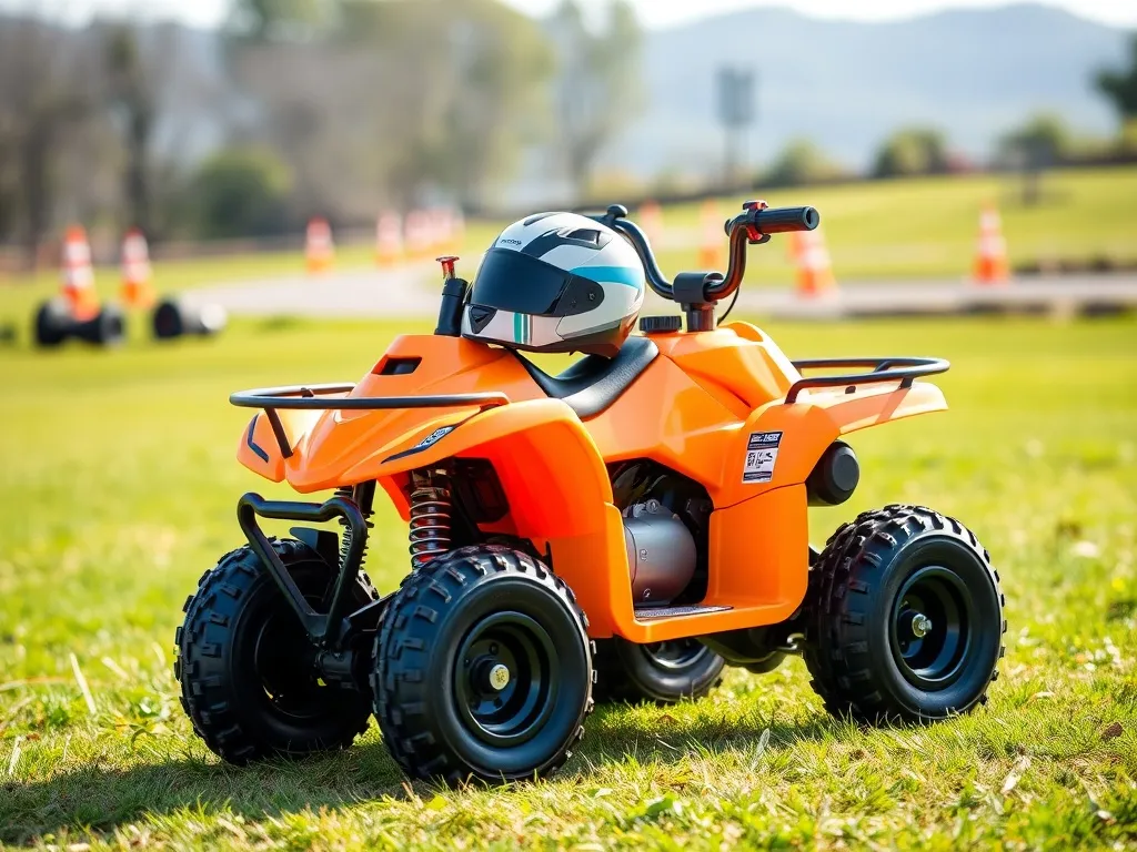 Dziecięcy quad z kaskiem na siedzeniu na trawiastym torze z pachołkami, podkreślający bezpieczeństwo jazdy dla 10-latków.