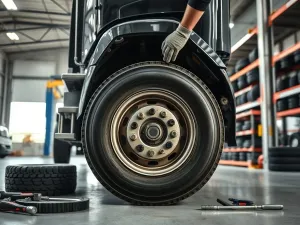 Mechanik w rękawicach reguluje koło ciężarówki w nowoczesnym warsztacie wulkanizacyjnym, w tle ciężarówka na podnośniku