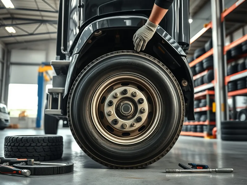 Mechanik w rękawicach reguluje koło ciężarówki w nowoczesnym warsztacie wulkanizacyjnym, w tle ciężarówka na podnośniku
