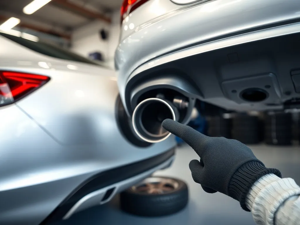 Mechanik w rękawiczkach wskazuje na układ wydechowy srebrnego auta w warsztacie, sugerując problem z wyciętym DPF.