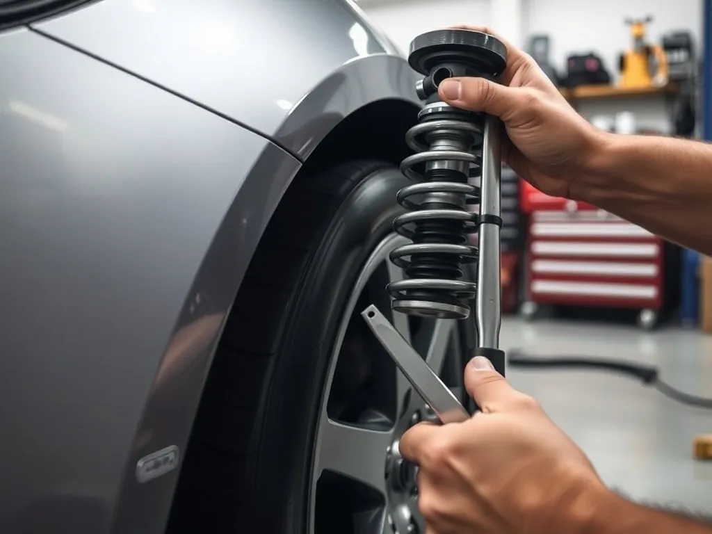 Mechanik reguluje zawieszenie gwintowane przy kole auta w garażu, pokazując krok po kroku ustawianie coiloverów