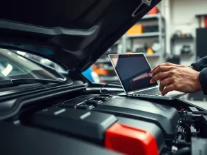 Mechanik reguluje parametry nowoczesnego silnika samochodu na laptopie, ilustrując bezpieczne podnoszenie mocy jednostki.