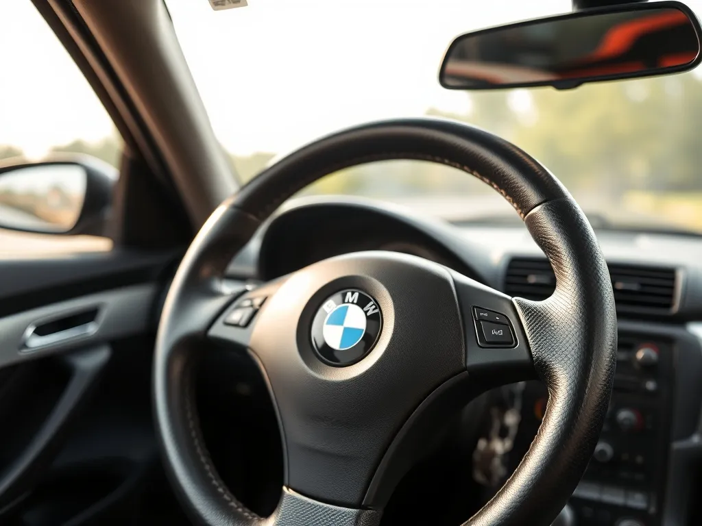 Nowo obszyta skórzana kierownica BMW E46 z widocznymi przeszyciami, podkreślająca jakość i efekt tuningu wnętrza.