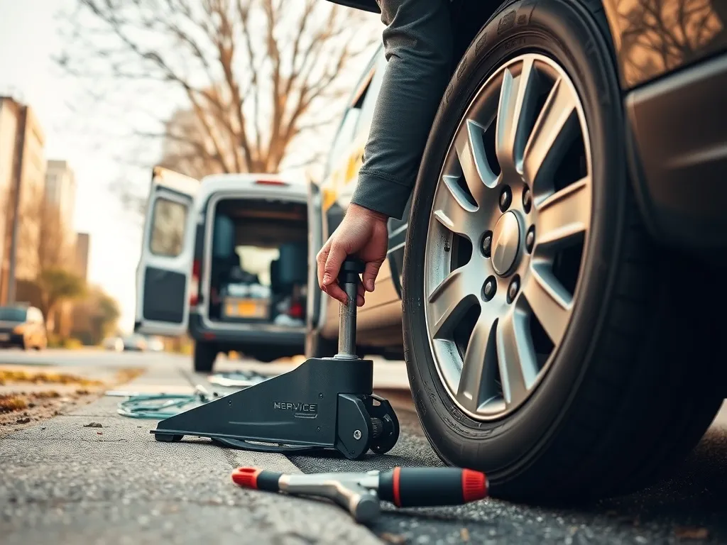 Mechanik wymienia koło przy samochodzie na poboczu, obok stoi mobilny serwis wulkanizacyjny z otwartym autem serwisowym.