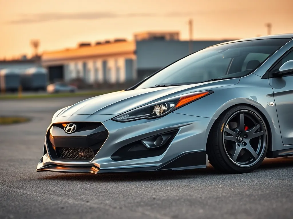 Sportowe coupe Hyundai z agresywnym body kitem na tle industrialnym, podkreślając tuning nadwozia i nowe zderzaki