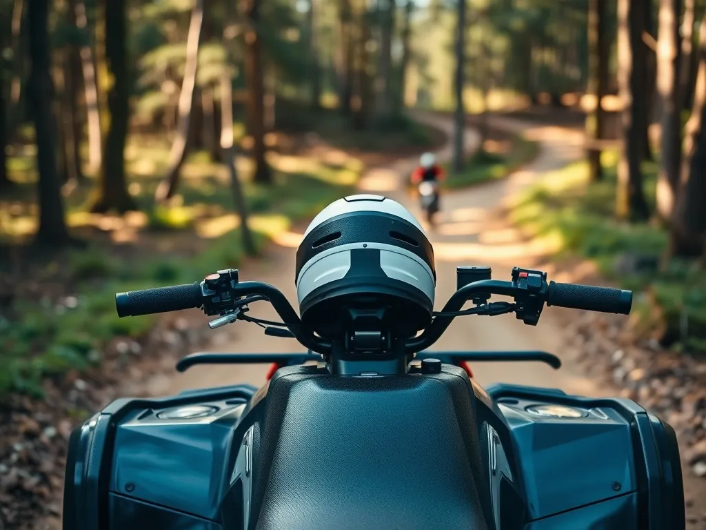 Quad zaparkowany na leśnej ścieżce z kaskiem na siedzeniu, podkreślający temat zasad i uprawnień do jazdy quadem.