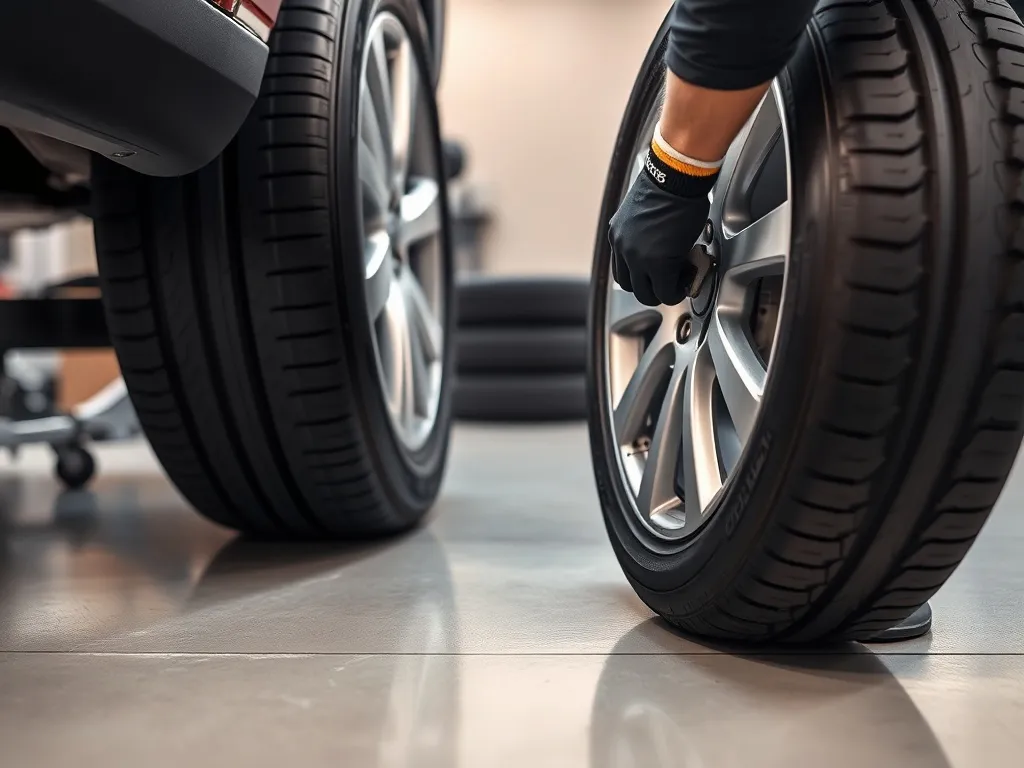 Mechanik zdejmuje oponę z felgi w warsztacie wulkanizacyjnym, w tle maszyna i stosy opon