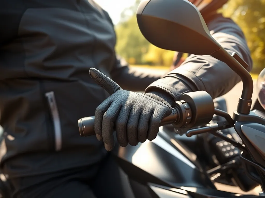 Pasażer trzymający kierowcę za kurtkę na motocyklu, oboje w kaskach i odzieży ochronnej, bezpieczna jazda w słoneczny dzień