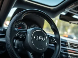 Kierownica Audi A3 8P z przyciskami w nowoczesnym, jasnym wnętrzu auta, detaliczne ujęcie z perspektywy kierowcy.