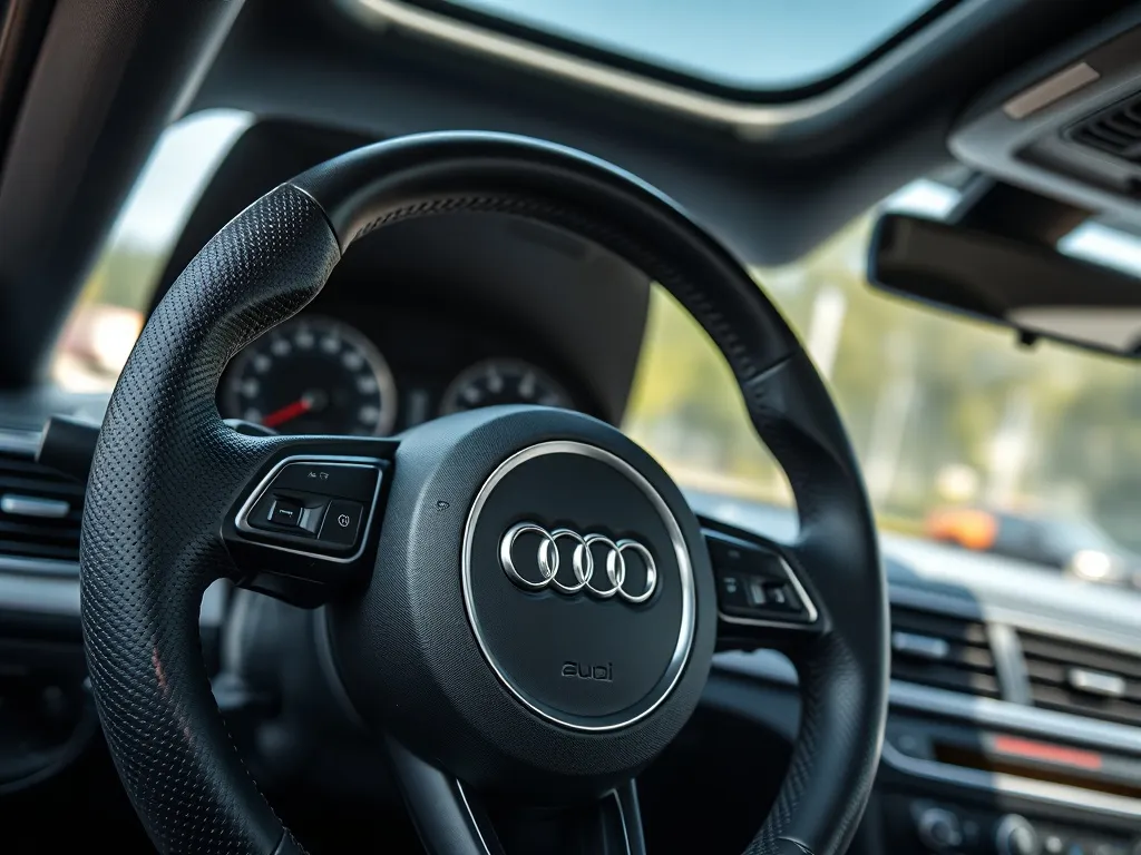 Kierownica Audi A3 8P z przyciskami w nowoczesnym, jasnym wnętrzu auta, detaliczne ujęcie z perspektywy kierowcy.