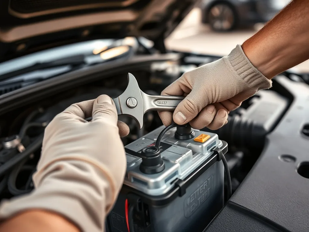 Mechanik w rękawicach odkręca klemę ujemną akumulatora pod otwartą maską, pokazując bezpieczne odłączanie baterii.