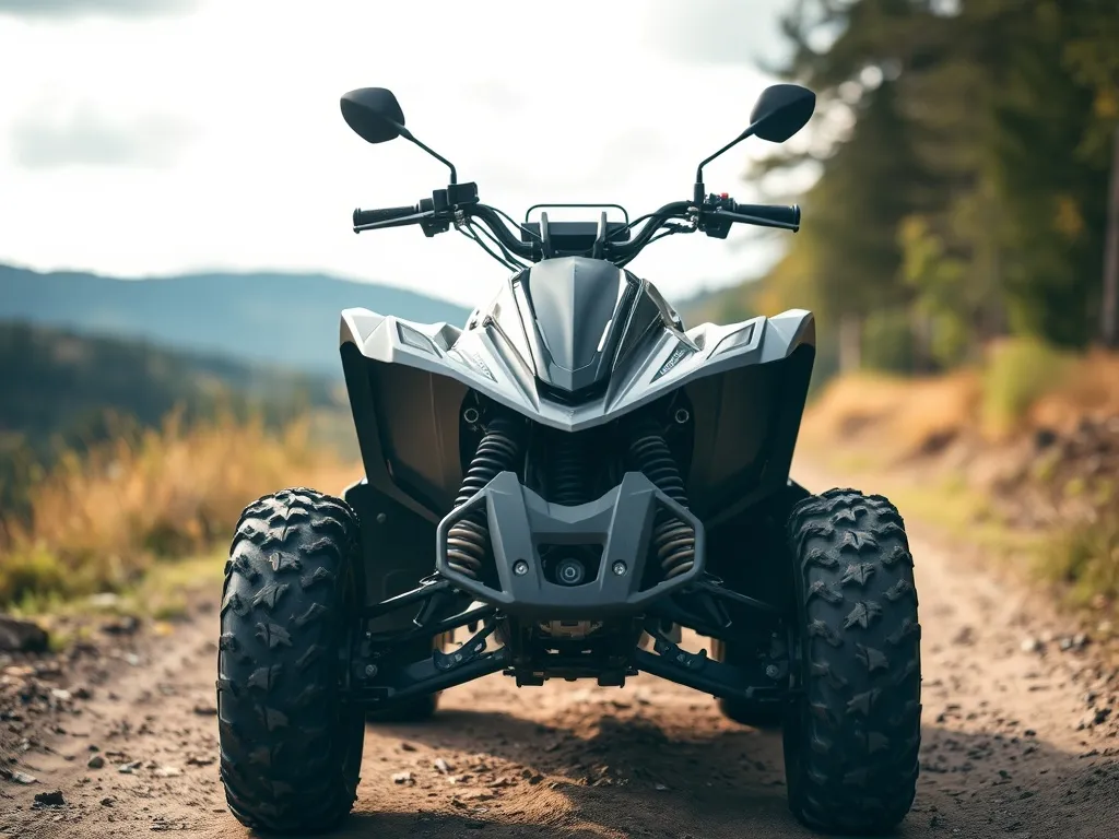 Quad 125 zaparkowany na leśnej ścieżce, z widocznym zawieszeniem i kołami, w scenerii terenowej sprzyjającej off-road.