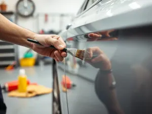 Dłoń nanosi pędzelkiem lakier na drobną rysę na srebrnych drzwiach auta, obok buteleczka lakieru i ściereczka z mikrofibry.