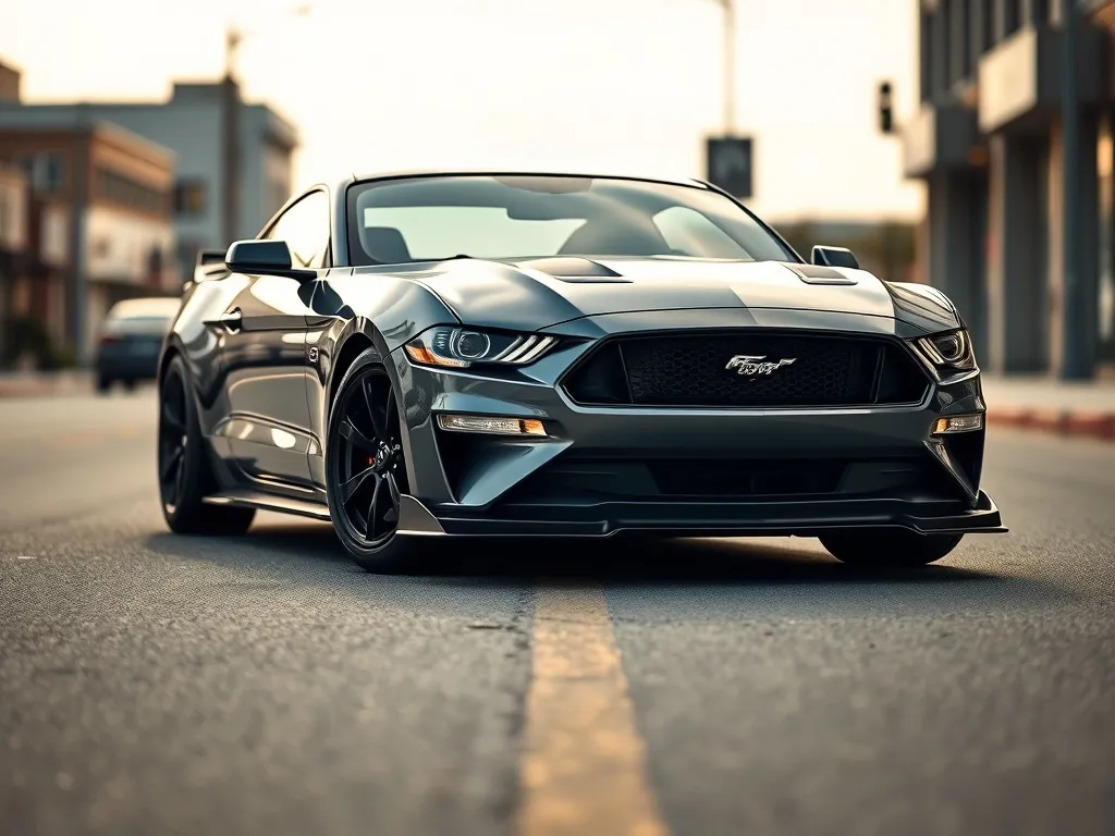 Ford Mustang z agresywnym body kitem: niski splitter, progi, sportowe felgi i subtelny spoiler, na tle miejskiej ulicy