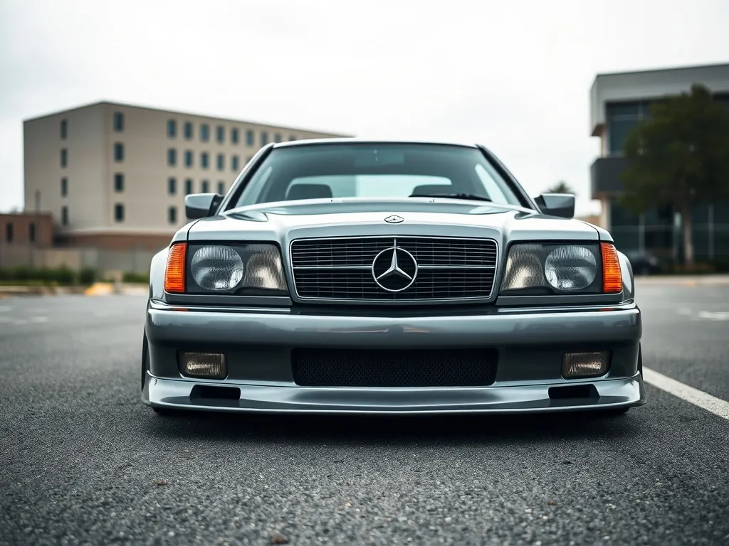 Mercedes 190 z pakietem Evo 2, agresywny body kit, poszerzone nadkola i sportowe felgi na tle miejskiej zabudowy