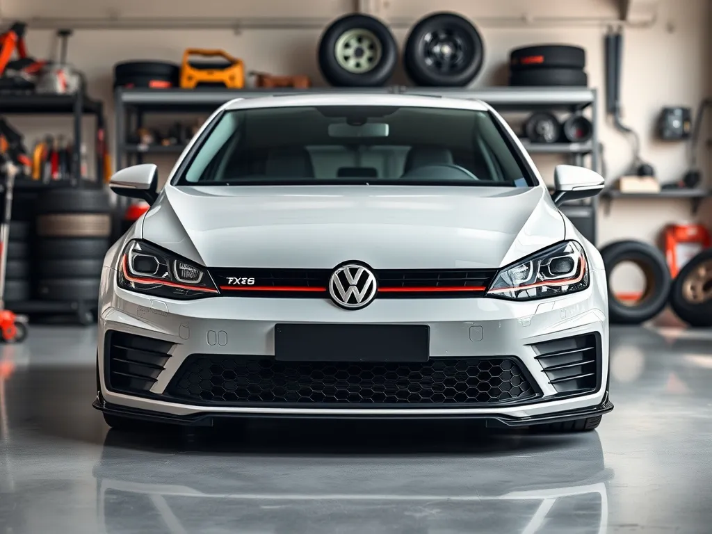 Volkswagen Golf 6 w garażu z zamontowanym sportowym body kitem: zderzak z dokładką, progi i obniżone zawieszenie.