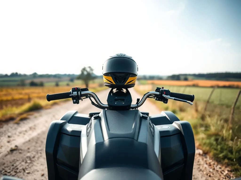 Quad na wiejskiej drodze z kaskiem na siedzeniu, symbolizujący użytkowanie quada i związane z nim uprawnienia w Polsce.