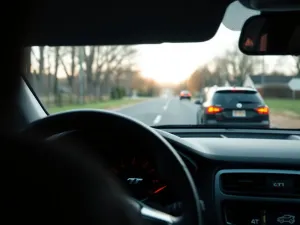 Zbliżenie deski rozdzielczej z kontrolką ostrzegawczą i zaparkowanym dieslem w tle, sugerujące problem z filtrem DPF.