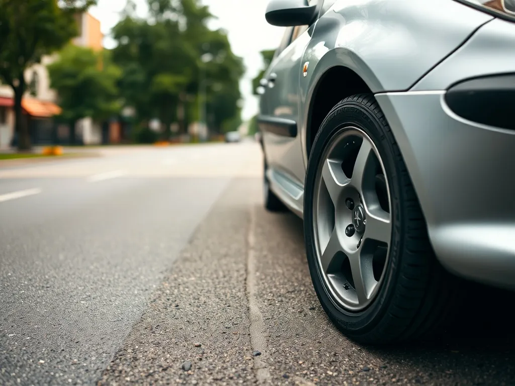Srebrny Peugeot 206 zaparkowany na ulicy, z wyraźnie pokazanym bieżnikiem przedniej opony.