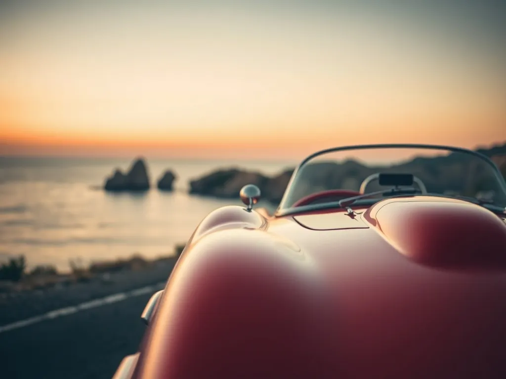 Klasyczne czerwone Ferrari Testarossa na nadmorskiej drodze o zachodzie słońca, podkreślające smukłe linie i legendarny design.