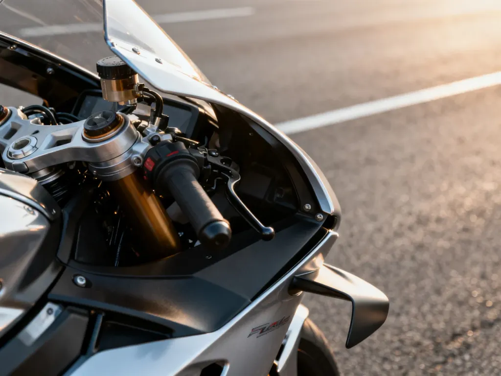 Zbliżenie na aerodynamiczne owiewki i silnik motocykla Yamaha R6 na tle rozmytego toru wyścigowego.