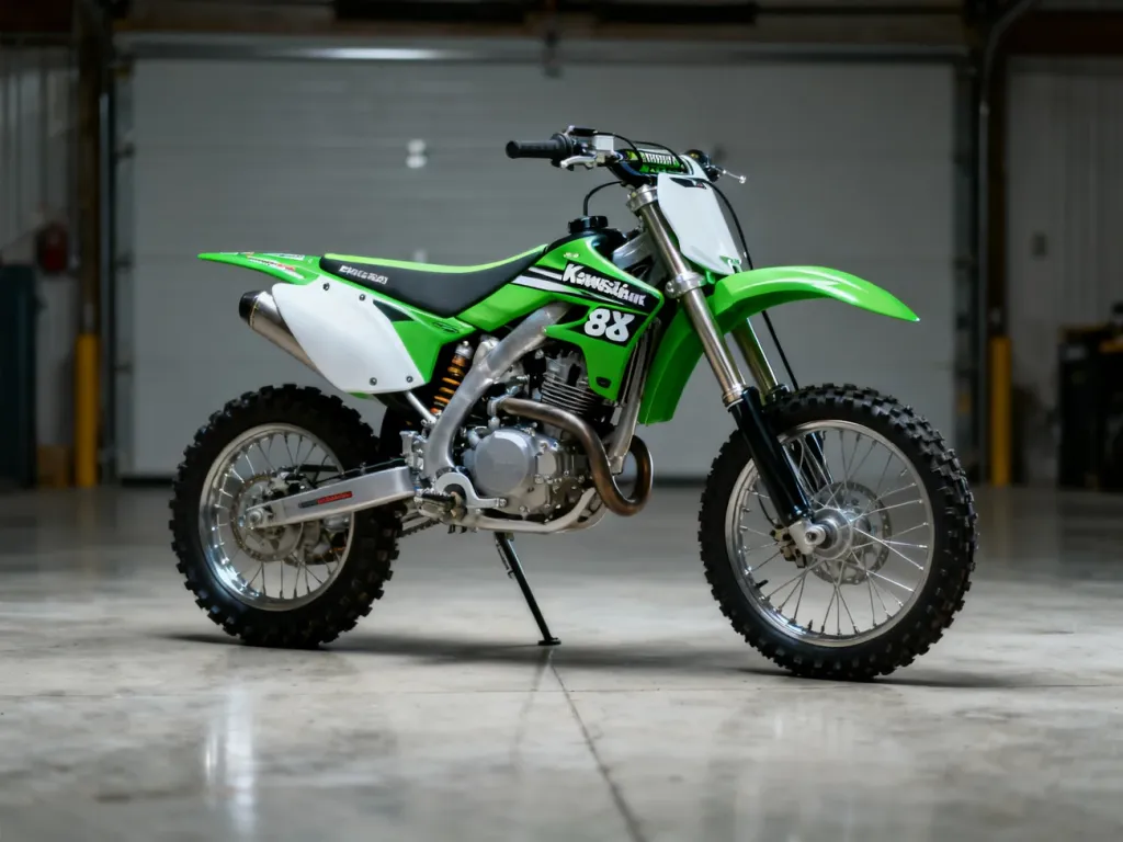 Motocykl crossowy Kawasaki KX 85 w profesjonalnym ujęciu studyjnym, podkreślającym detale silnika i zieloną ramę.