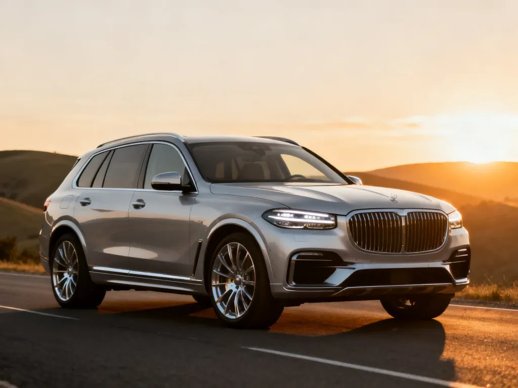 Srebrny SUV Audi Q3 zaparkowany na pustej drodze podczas zachodu słońca, podkreślający nowoczesny design pojazdu.