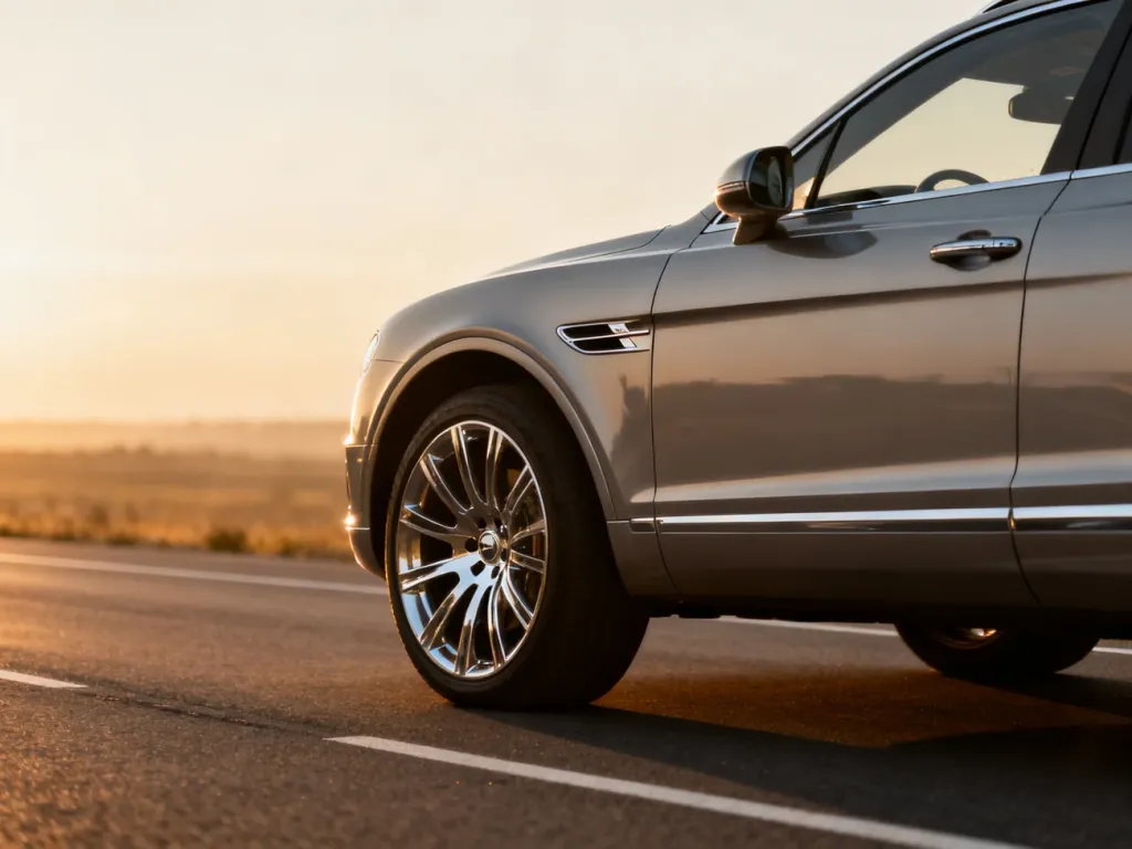 Nowoczesne Audi Q7 zaparkowane na malowniczej drodze w świetle zachodzącego słońca, podkreślające elegancję modelu.