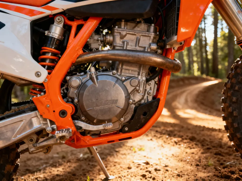 Zbliżenie na silnik i pomarańczową ramę motocykla KTM 65 na tle słonecznego toru motocrossowego.