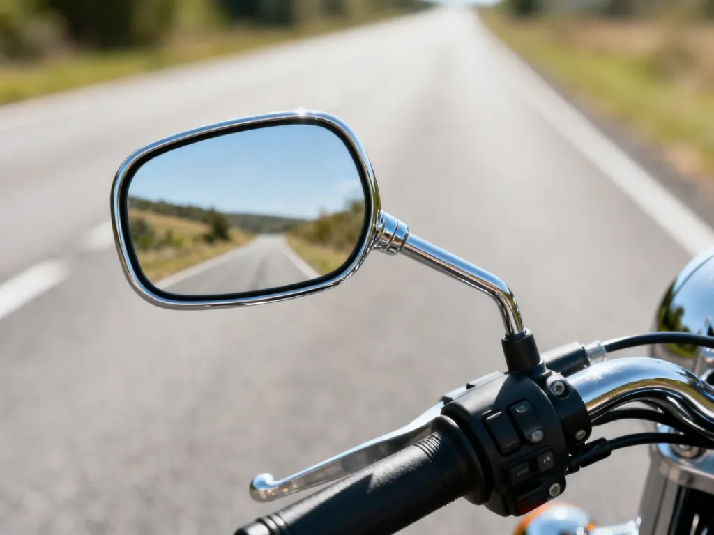Chromowane lusterko motocyklowe zamontowane na kierownicy, w którym odbija się rozmyta droga.