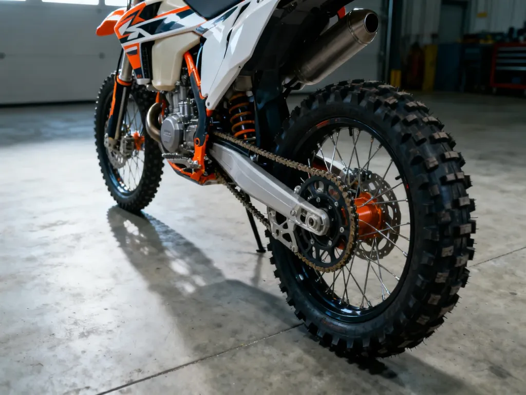 Nowoczesny motocykl crossowy Kayo T4 300 w profesjonalnym ujęciu studyjnym, eksponującym detale silnika i opony.