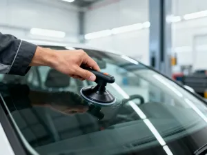 Mechanik montuje błyszczący downpipe w srebrnym dieslu na podnośniku, podkreślając modernizację układu wydechowego.